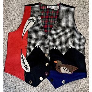 Vintage Large Wool Duck Vest Feather Patchwork Embroidered Eclectic